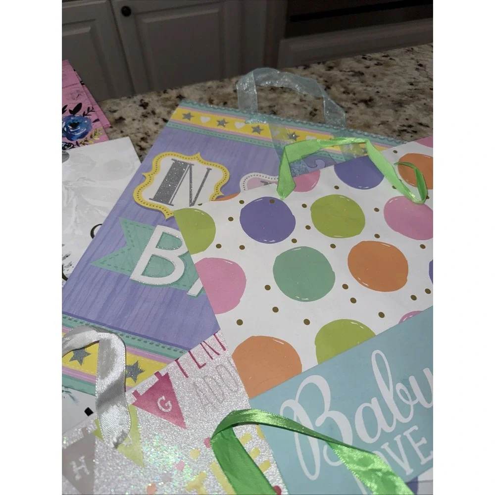 Lot of 13 Colorful Tote‎ Gift Bags w Handles birthday, baby Cmas Your BD. 3837